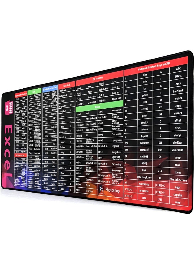 ماوس باد كبيرة ممتدة مقاس 80×30 سم بطباعة اختصارات Excel وPhotoshop وCAD – و سمك 3 مم – سطح ناعم ودقة حركة عالية – قاعدة مطاطية مانعة للانزلاق